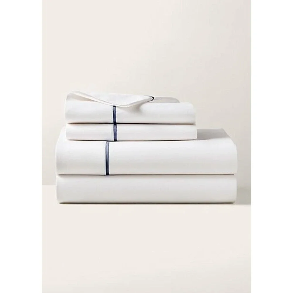 Ralph Lauren Palmer Home Bedding Flat Sheet White Polo Navy‎ Blue TWIN